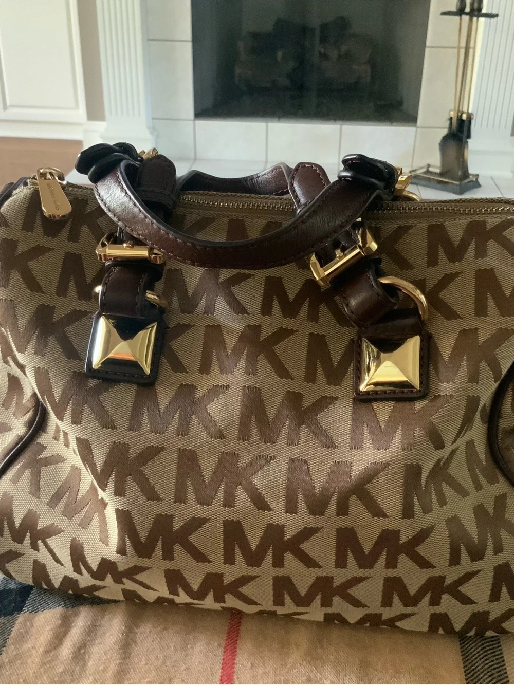 Michael Kors Brown Logo Canvas Duffel with Gold Hardware